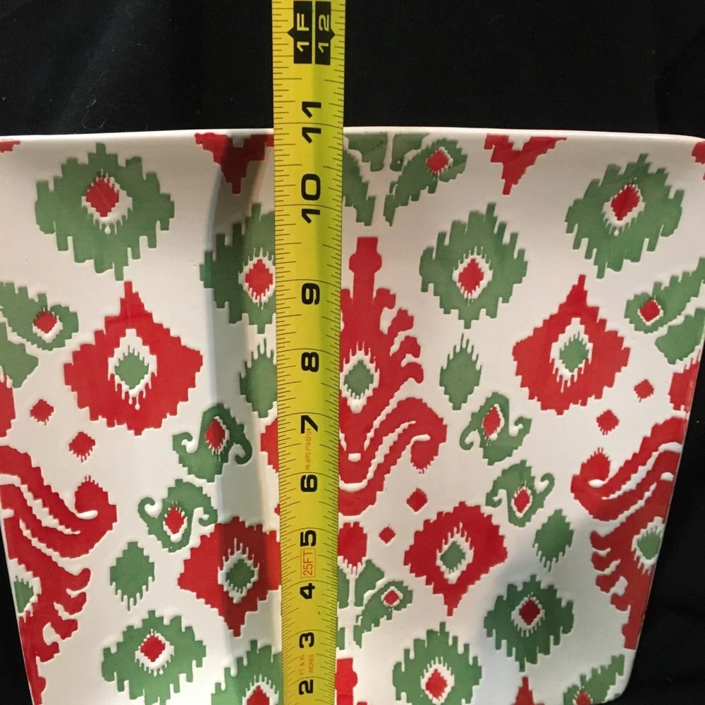 SLEIGH BELL BISTRO Ceramic Square Christmas Dinner Serving Plate Red Green Cream